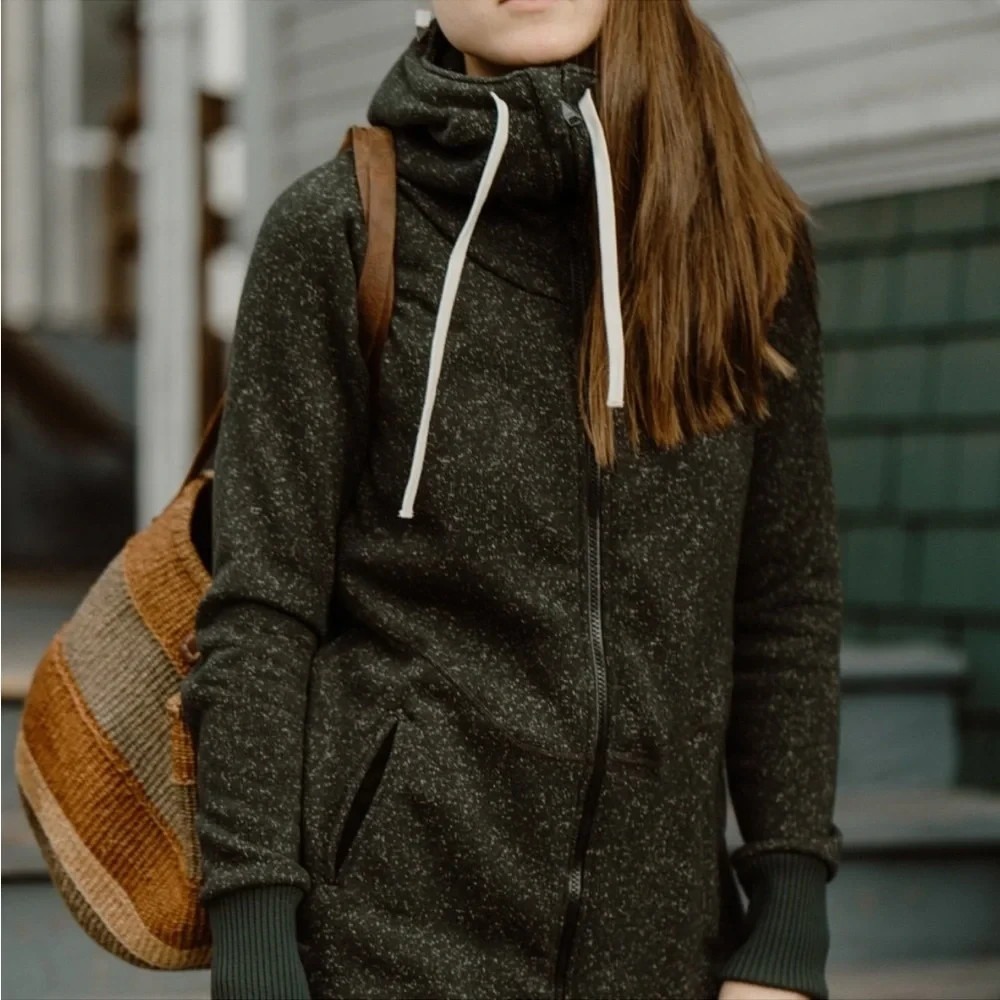 Deso Wanderer‎ Zip Hoodie Oversized Drawstring Cowl Neck Heather Green Medium